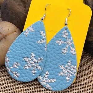 Blue Snowflakes Teardrop Faux Leather Earrings